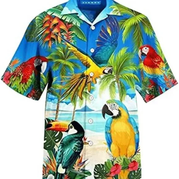 Men Hawaiian Shirt Parrots Toucan Palm Trees Short Sleeves Multicoloured size L - Picture 1 of 7